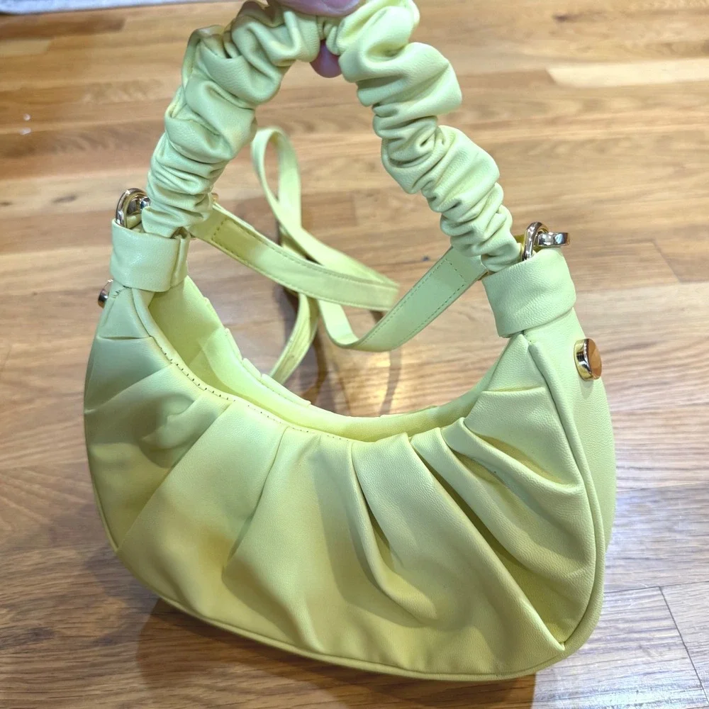 Steve‎ Madden Yellow Ruched Crescent Hobo Crossbody Bag Gold Hardware Small